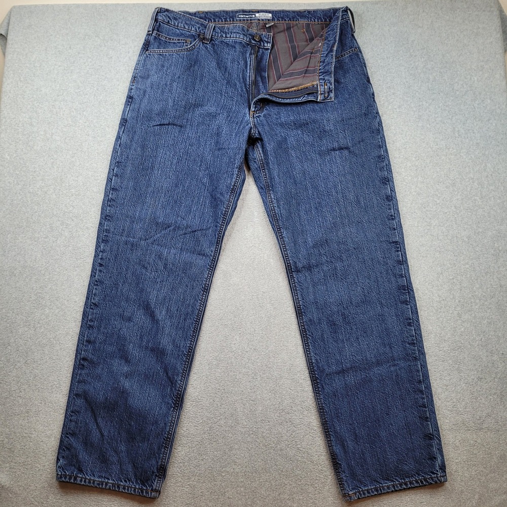 Carhartt Relaxed Fit Men 40x34 Blue Flannel Lined Denim Jeans BD4942-M